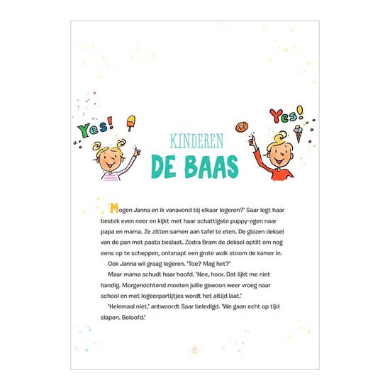 Twee meisjes kijken enthousiast, met ijsjes en donuts op de achtergrond.