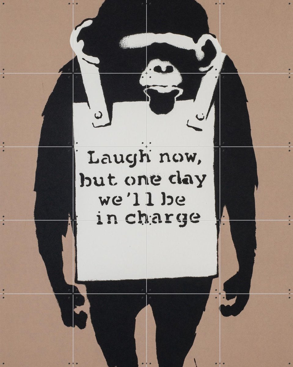 IXXI Laugh Now, Banksy - 80 x 100 cm - Gratis ophangtool - Grote wanddecoratie en posters - Pop art, Houtsnede, Illustraties, Street art, Grafisch