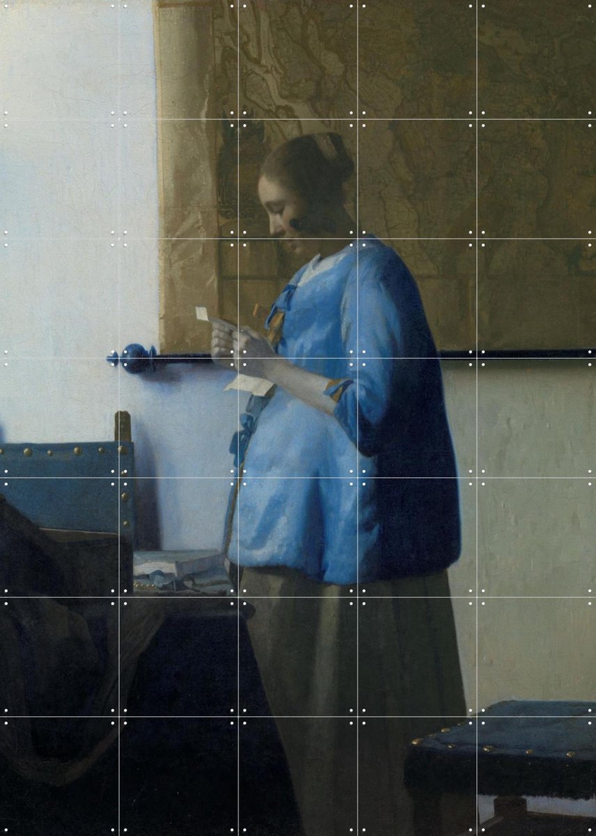 IXXI Brieflezende vrouw in het blauw, Johannes Vermeer & Rijksmuseum - 100 x 140 cm - Gratis ophangtool - Grote wanddecoratie en posters - Olieverf
