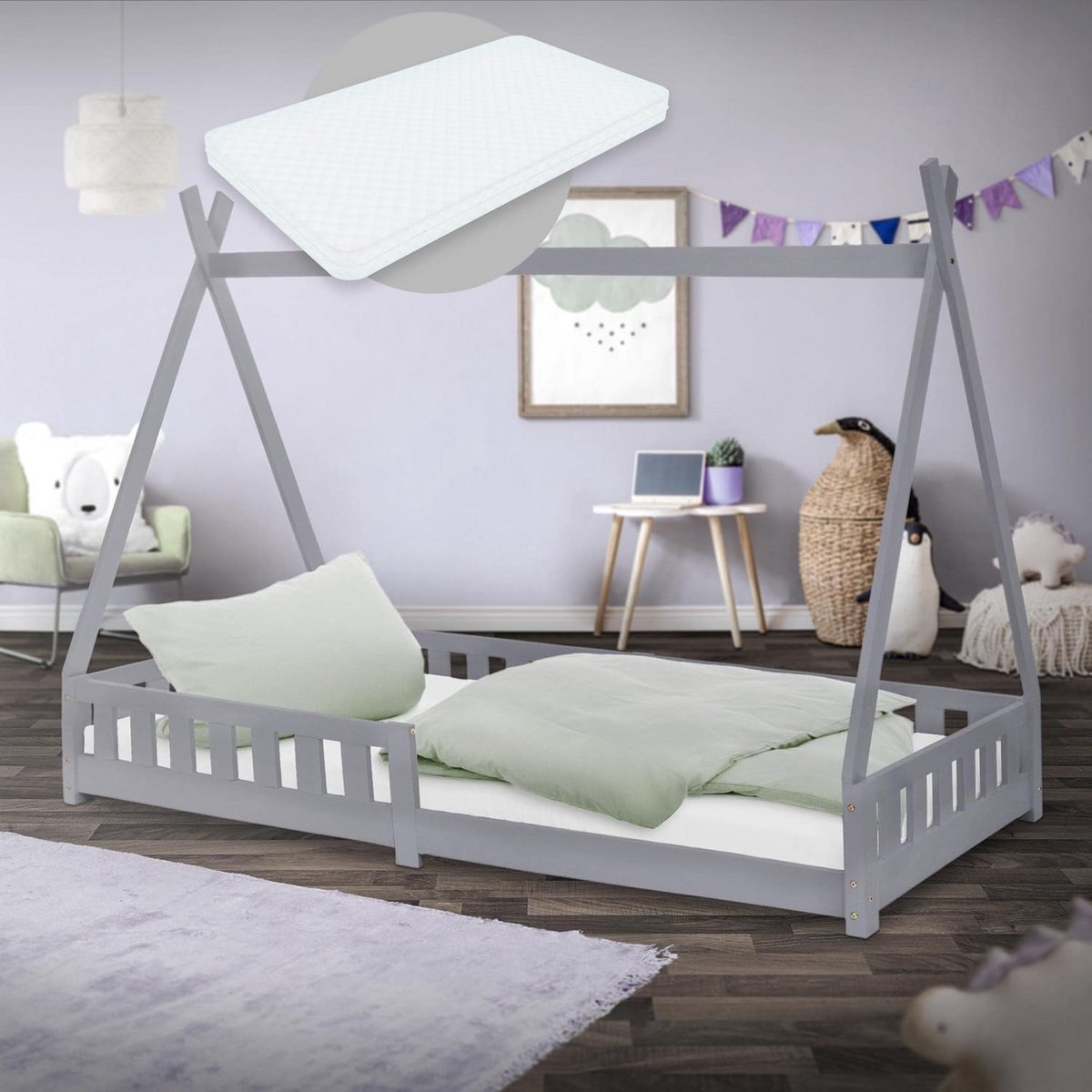 Kinderbed Tipi Huisbed 90x200 cm Lichtgrijs met Matras, Valbeveiliging en Lattenbodem