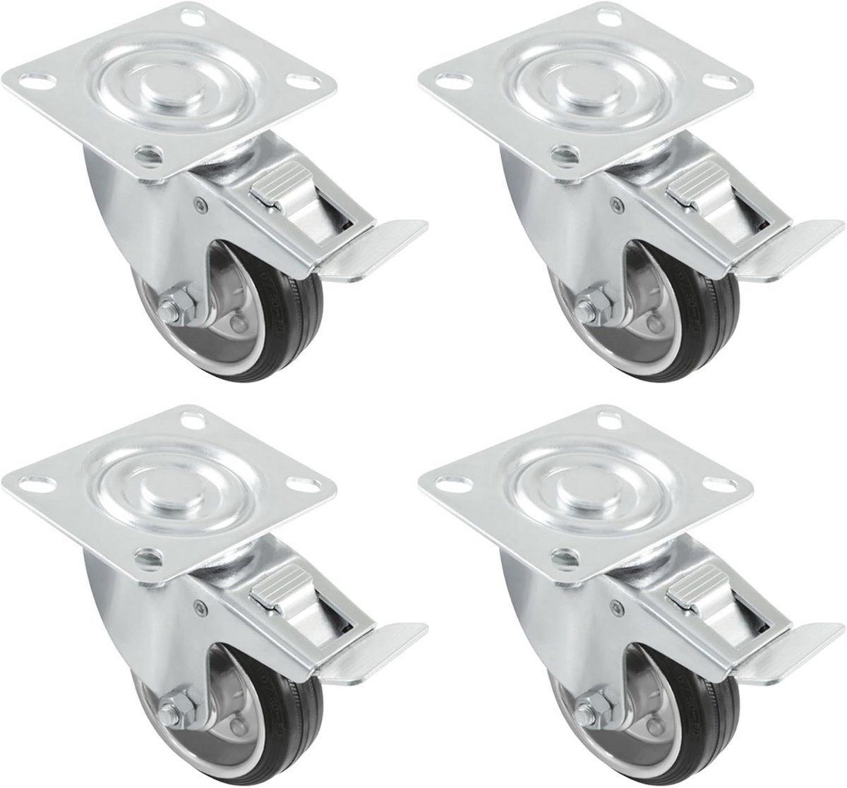 Set van 4 Zwenkwielen met Rubber Ø 80 mm - Max. 70 kg per Wiel - Met Rem