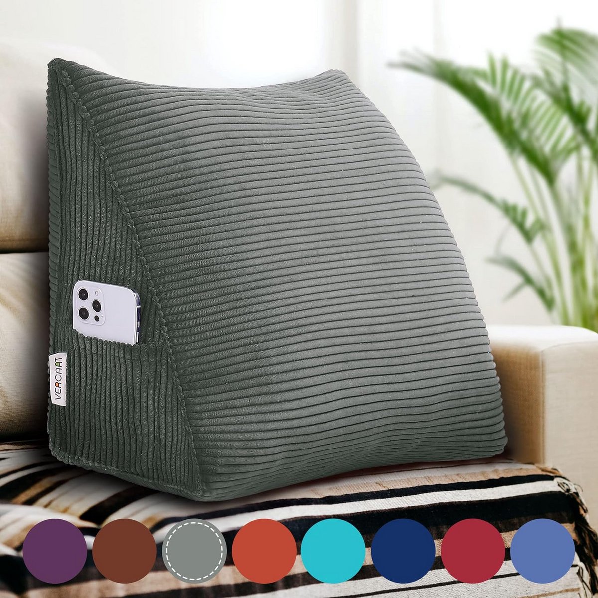 Groot Driehoekig Rugkussen - Wigvormig Steunkussen voor Bed en Bank - 45 cm Grijs