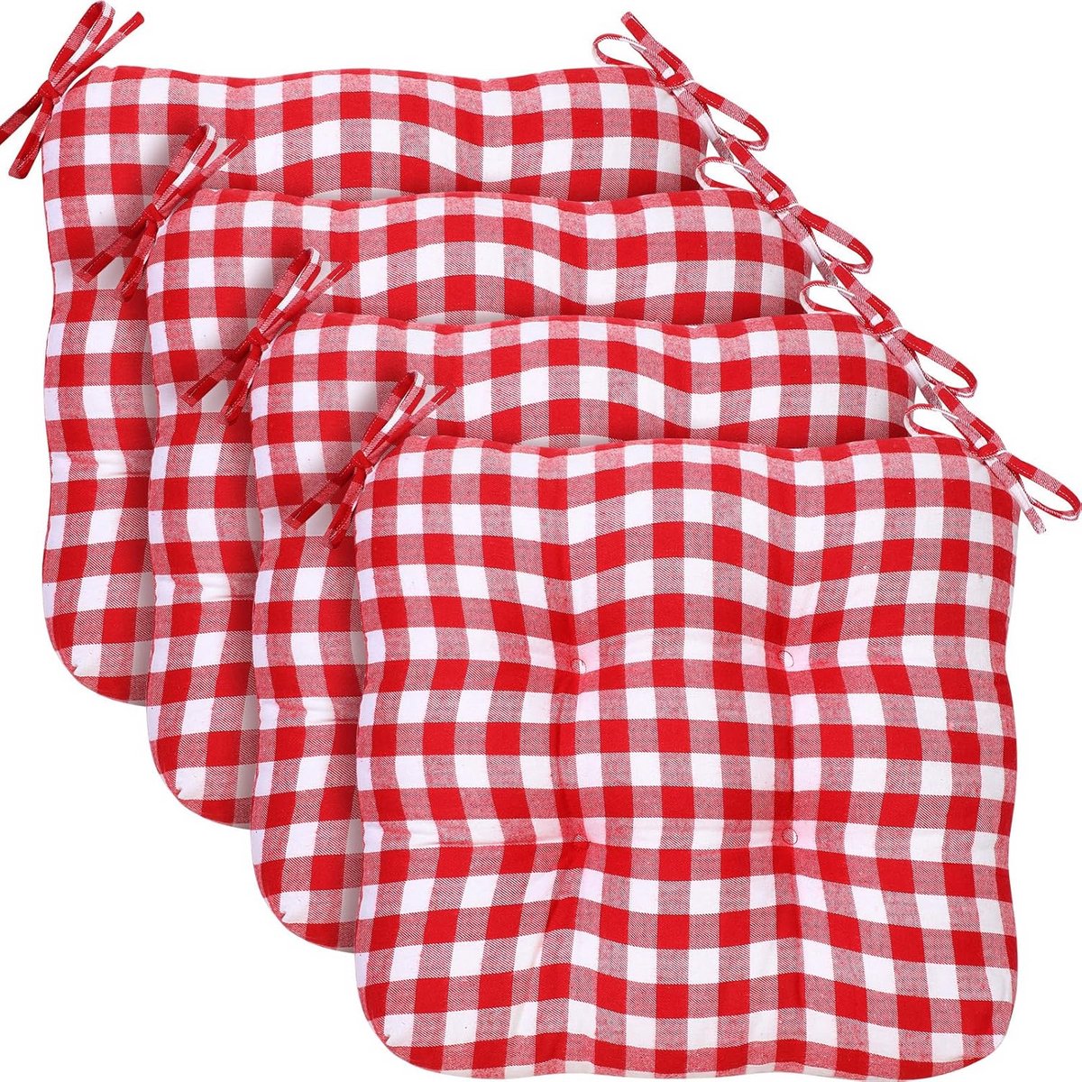 4x Bureaustoel Kussens met Bevestiging - Comfortabel Zitkussen voor Binnen & Buiten (Rood/Wit)