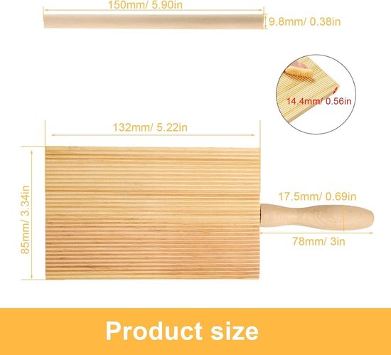 Houten pasta plank voor het maken van pasta - Gnocchi plank met 2 pastastokjes - Noedel plank met handrolplank - Handige pastatools van hout voor pasta maken van houten — afbeelding 2