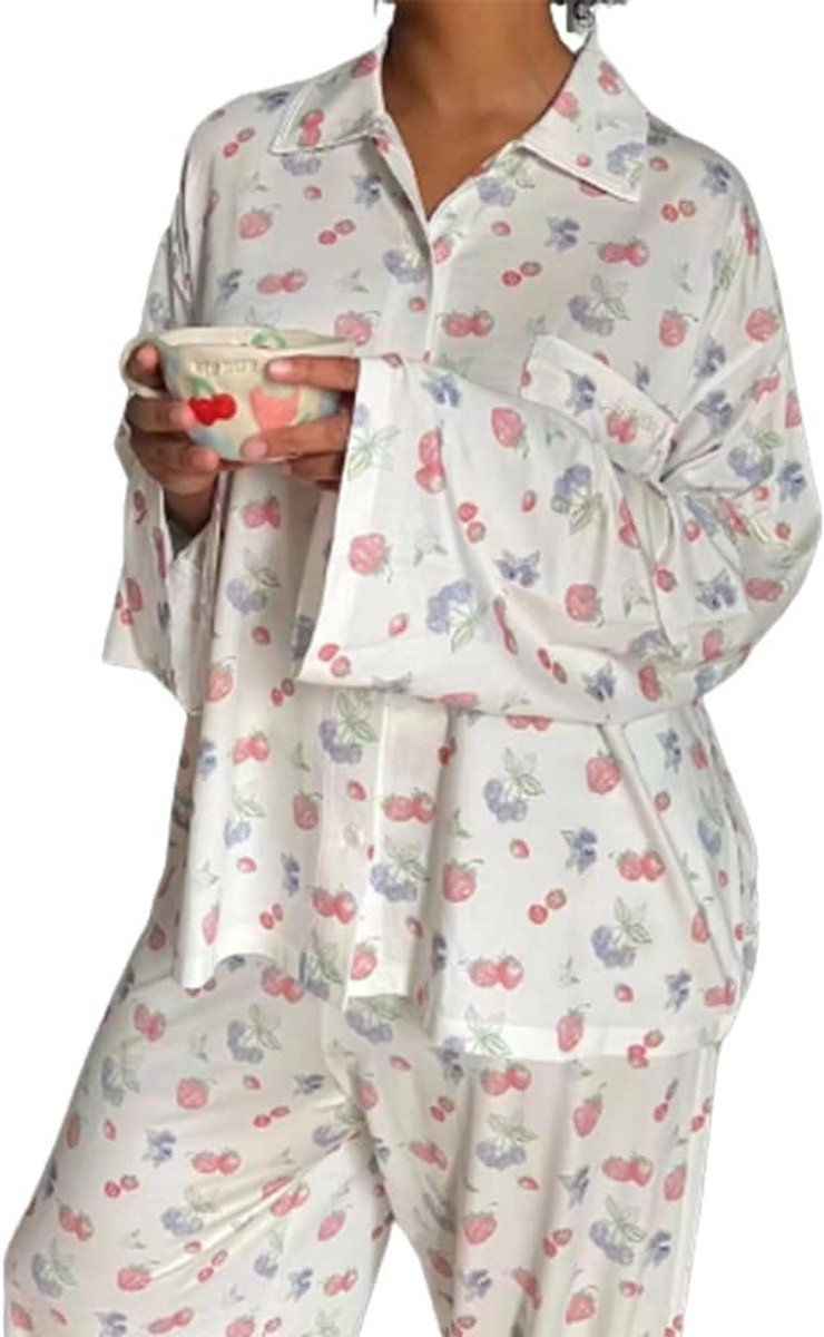 Damespyjama Tweedelig Lange Mouw Knopen Shirt en Broek Bloemenprint Loungekleding