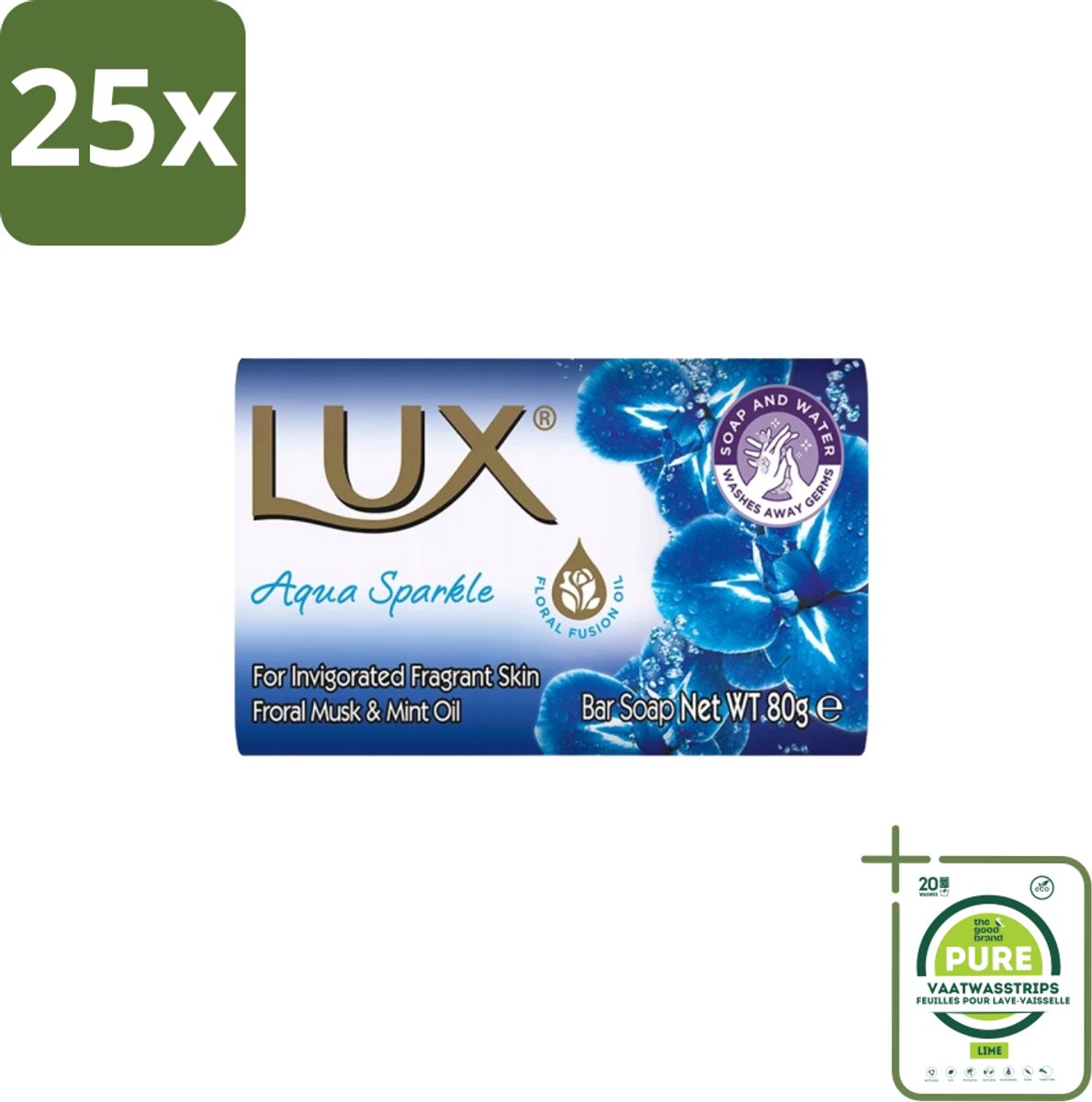 25 x Lux – Bar Soap – Aqua Sparkle – 80 g - Grootverpakking - Zeeptablet Aqua Sparkle - Reiniging - Frisse Geur - Zachte Reiniging - Luxe Wasbeurt
