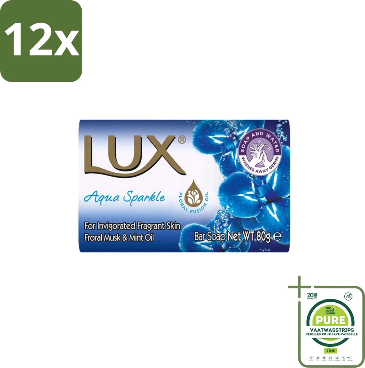 Lux – Bar Soap – Aqua Sparkle – 80 g - Voordeelverpakking - 12 stuks - Zeeptablet Aqua Sparkle - Reiniging