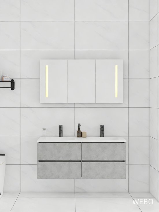 Set de Meubles de Salle de Bain WEBO Paris 120cm - Grijs - Meuble de salle de bain avec armoire à glace avec éclairage et lavabo - Comprenant 2 robinets noirs et bonde
