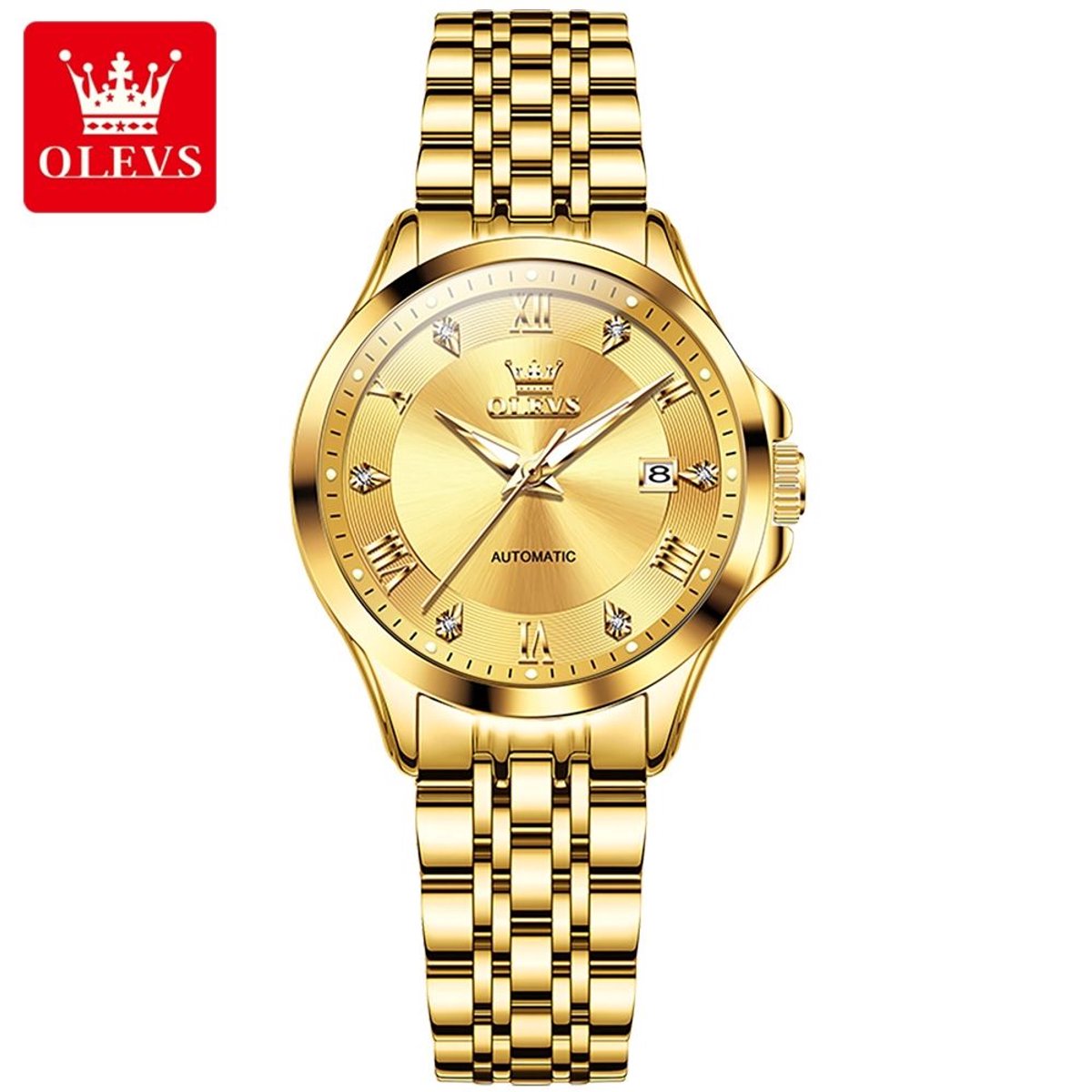 HO-6702.g : OLEVS Dames mechanisch goudkleurig edelstalen horloge, Tourbillon , kalenderdag