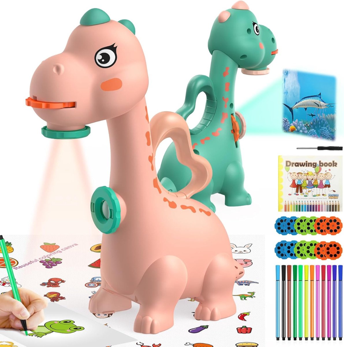 Aura® Tekenprojector - Kinder Tekenprojector - Tekenprojector Kinderen - Dinosaurus - Roze - 22cm x 15cm x 10cm