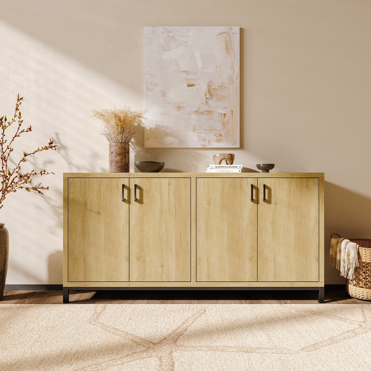 Dressoir voor woon- en eetkamer, keukenkast, ladekast, buffetkast 160 x 35 x 80 cm met 4 deuren en 4 opbergplanken, natuurlijke houtkleur