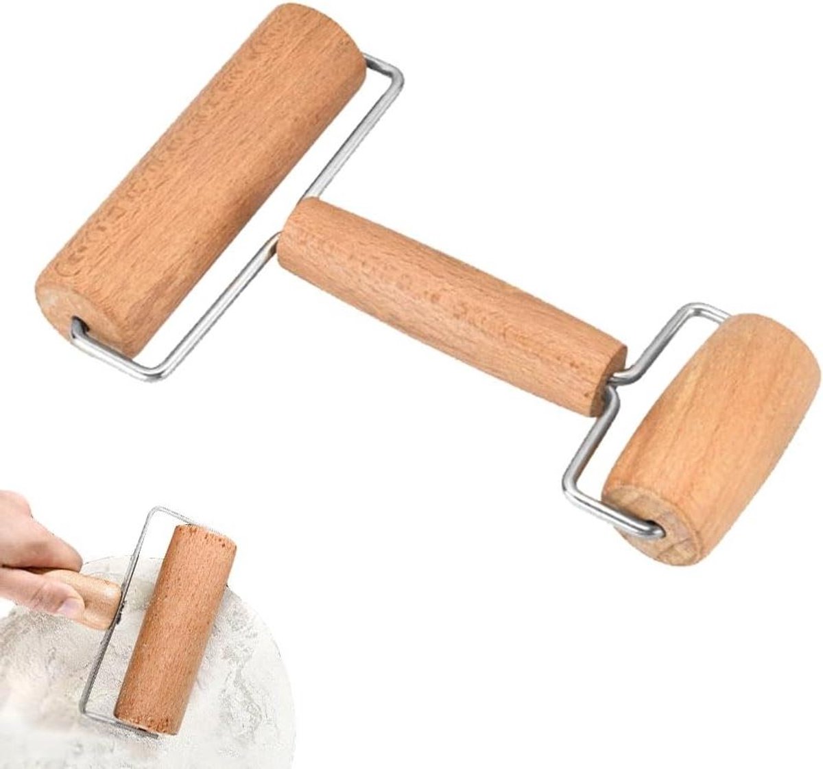 Houten deegroller voor pizza en cake - Dubbelzijdig - Bakaccessoires met twee wielen