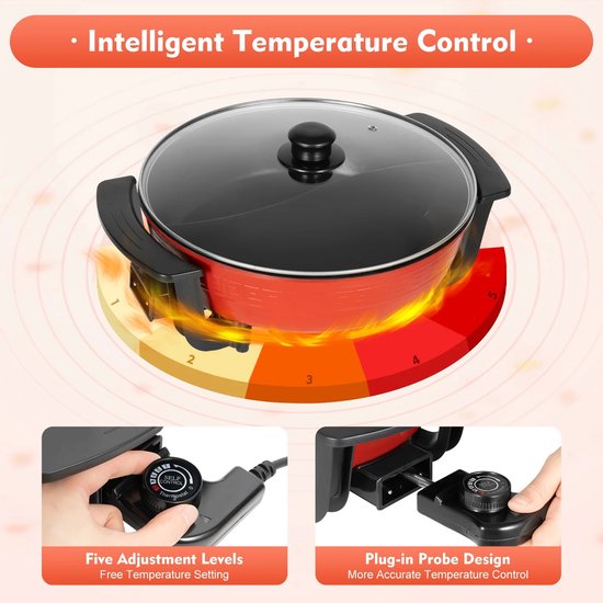 Rolu Hotpot - Hotpot Electrisch - Soepketel - Hotpot Pan - Chinese Fondue - 6 Liter - 38.3 x 11 CM - 1360W - Rood — afbeelding 3