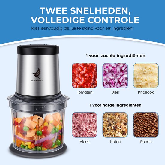 NovaWare Hakmolen Elektrisch - Food Chopper - Hakmolen Electrisch - Groentesnijder - Foodprocessor - 4 Messen - 300W - 900ml van NovaWare — afbeelding 3