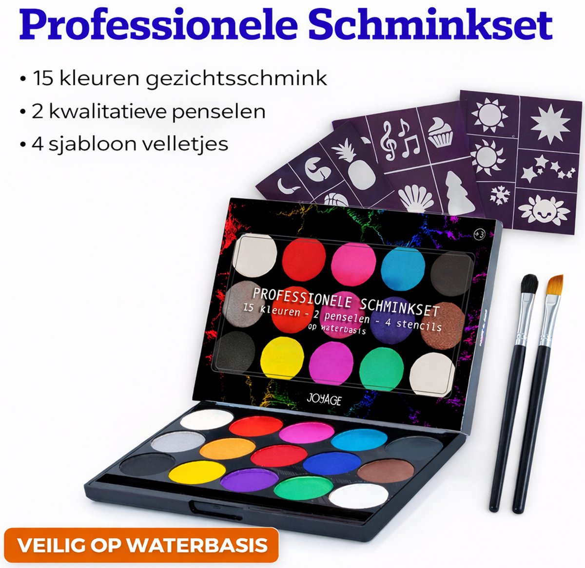 Joyage Schmink kinderen & volwassenen - Op waterbasis - Sjablonen en penselen - Schminkset Elf Make up Kinderen - Face paint palette - Grime Schmink palet volwassenen wit - Kinderschmink voor grimas - Gezichtsverf grimeren - Smink accessoires zwart — afbeelding 3