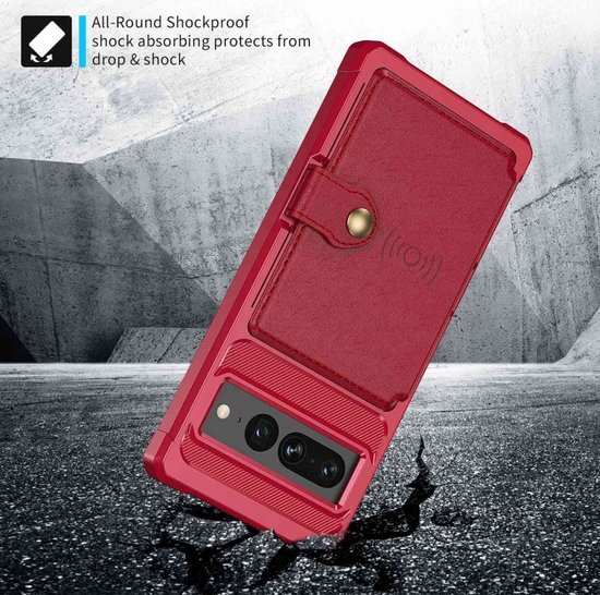 Étui portefeuille adapté pour Google Pixel 7 Pro - Coque arrière avec porte-carte - Étui de téléphone pour carte de débit - Porte-carte à l'arrière - Étui avec aimant pour support de voiture Rouge