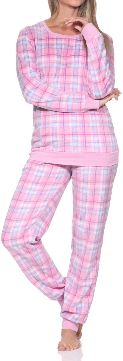 Normann fleece damespyjama met lange mouwen en manchetten in coole look pink1