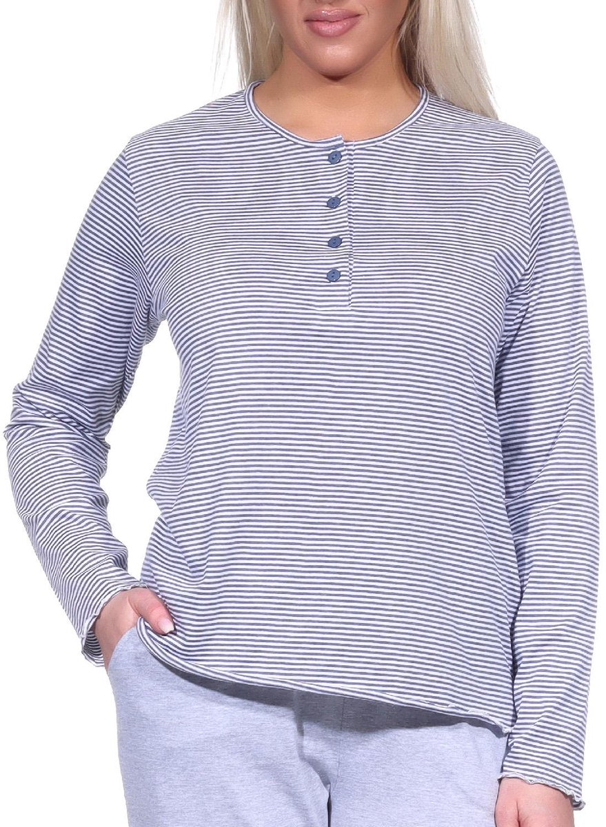 Normann Dames Pyjama Top Mix & Match met lange mouwen in gestreepte optiek blau-melange
