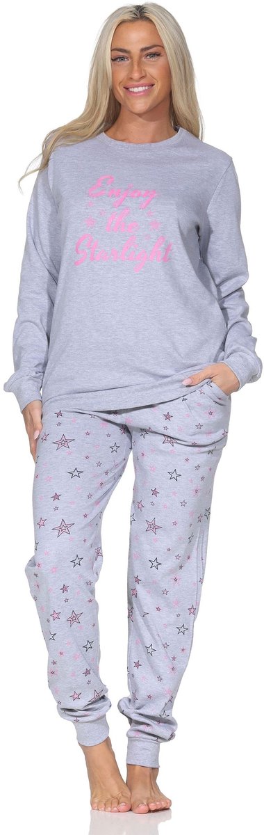 Normann dames lange pyjama in knuffelzachte interlock kwaliteit met boorden in sterlook grau-mel.