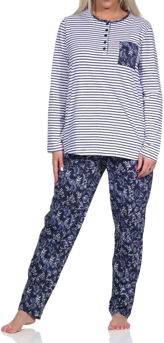 Normann dames pyjama lang, top gestreept, broek gebloemd patroon - 122 201 90 881 weiss
