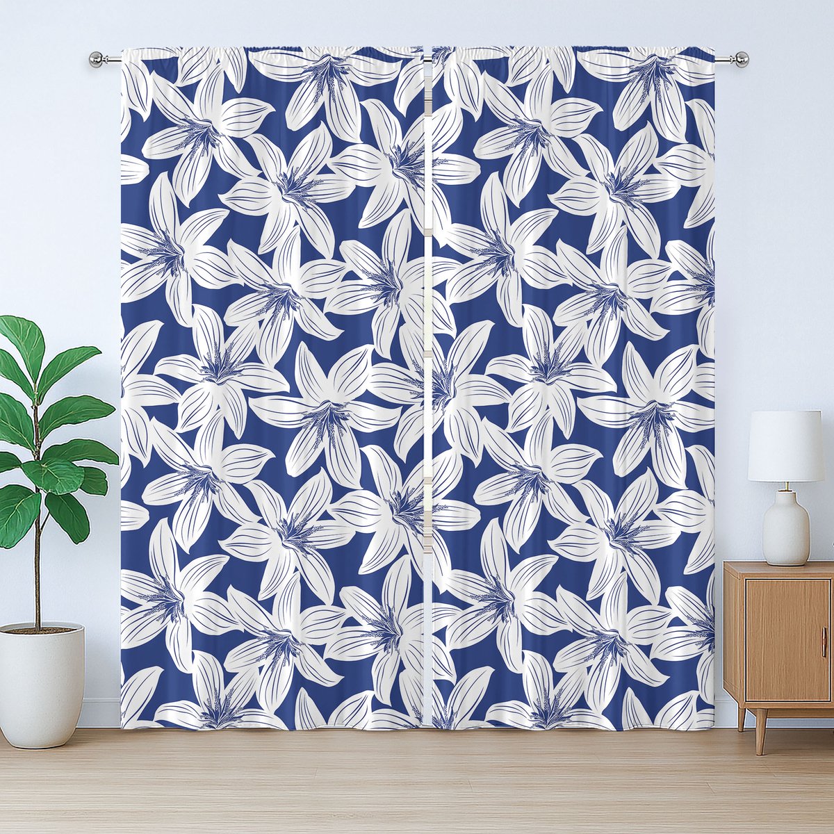 ABAKUHAUS Rustiek gordijn met bloemenmotief, hibiscusblaadjes, met lussen en haken voor de woonkamer, 280 x 245 cm, wit donkerblauw