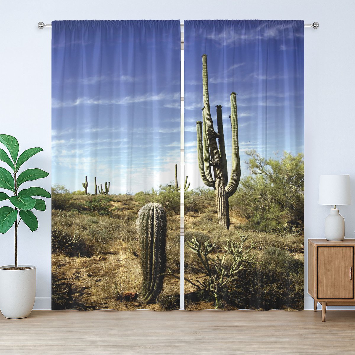 ABAKUHAUS Rustiek Landschap Gordijn, Cactusbladeren met Stekels, met Bandjes en Lussen voor de Woonkamer, 280 x 245 cm, Blauwgroen