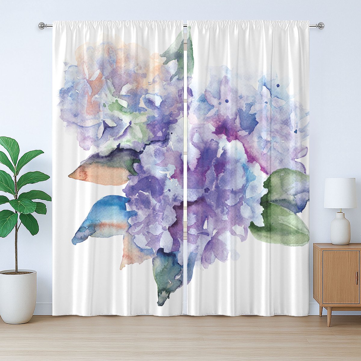 ABAKUHAUS Rustiek gordijn met aquarelprint, bloeiende hortensia, geplooid gordijn met lussen en haken voor de slaapkamer, 280 x 175 cm, violetblauw