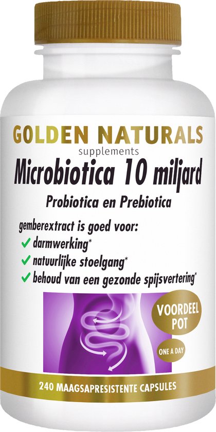 Witte pot met gouden dop. Het label toont 'GOLDEN NATURALS Microbiotica 10 miljard Probiotica en Prebiotica'. Een afbeelding van een paarse torso met een spiraalvormig darmkanaal.