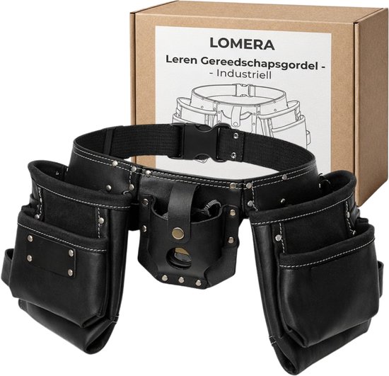 Zwarte leren gereedschapsgordel met meerdere zakken en een holster. Met metalen gesp en stiksels.