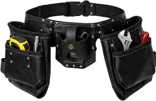 Ceinture à outils noire en cuir avec des poches remplies d'outils, dont un mètre ruban.