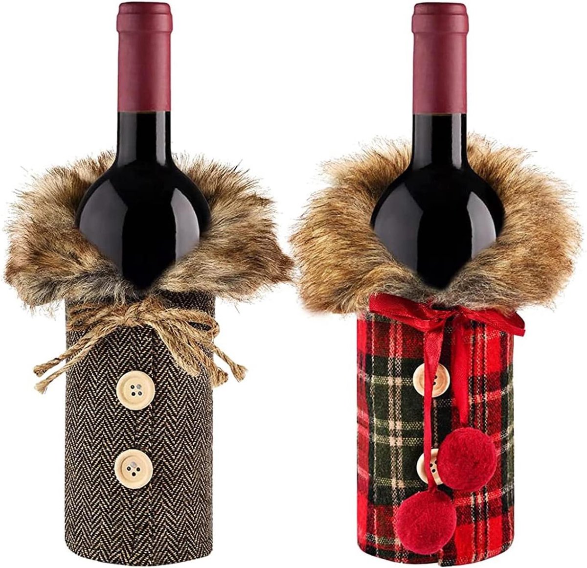 Kerst wijnfles hoezen set van 2, tafeldecoratie voor kerstfeest, thuis en diner - champagne rode wijnzak - feestelijke kerstdecoratie in meerdere kleuren.