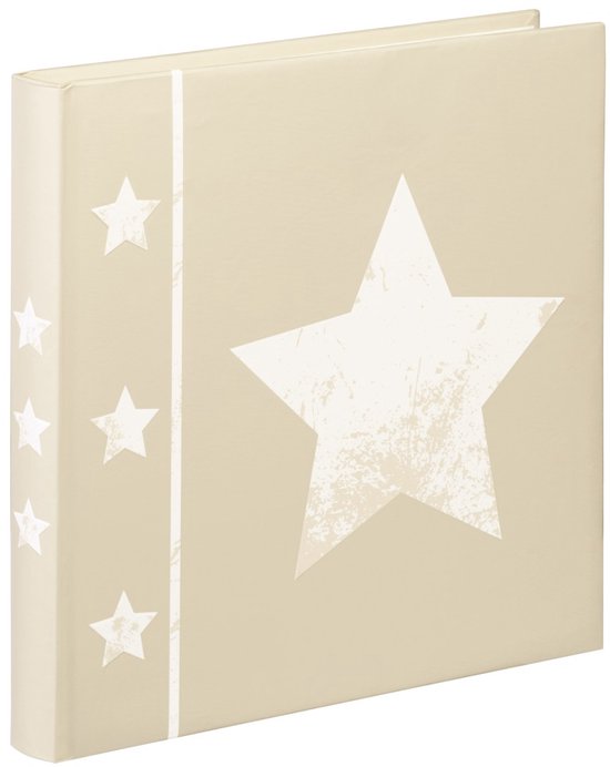 Beige fotoalbum met grote witte ster op de voorkant en drie kleinere sterren op de zijkant.