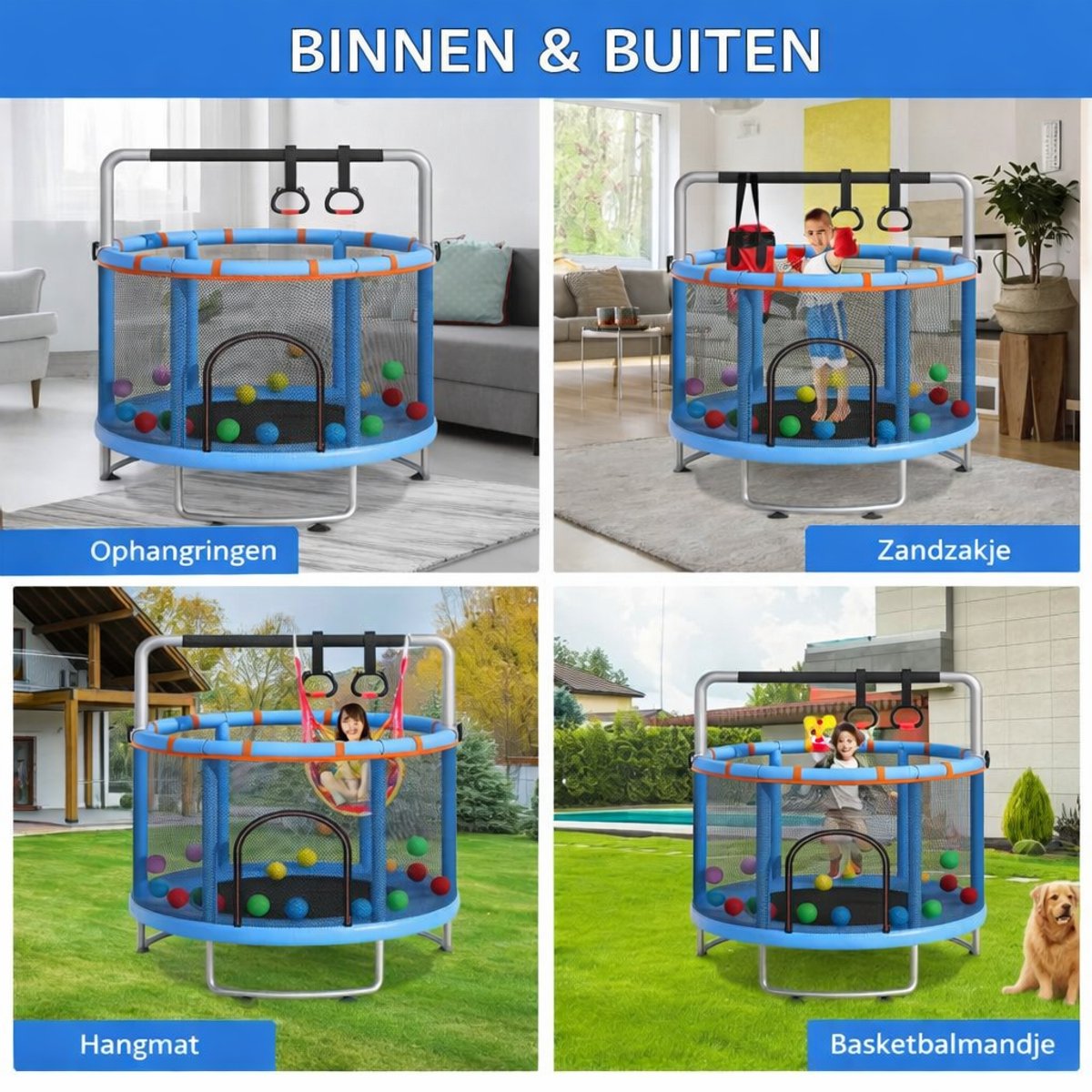 Multifunctionele Trampoline Ø150 cm-Basketbalring-Ringleuning- Ophangringen en hangmat-Draagvermogen 150 kg-Blauw – foto 2