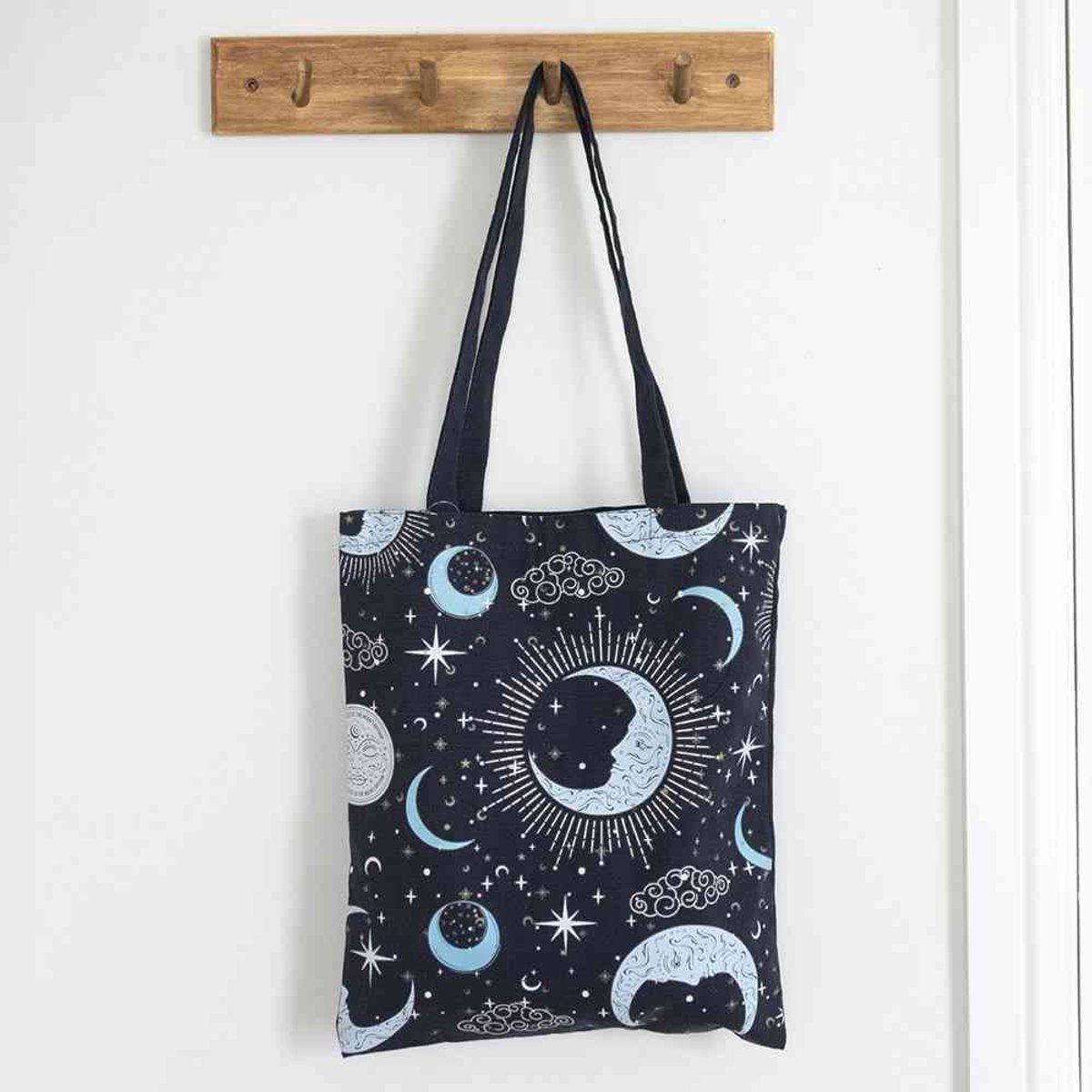 Celestial 'Blue Moon' Print Tote Bag - Zwarte Draagtas met Blauwe Maansikkels & Sterren - 70 cm