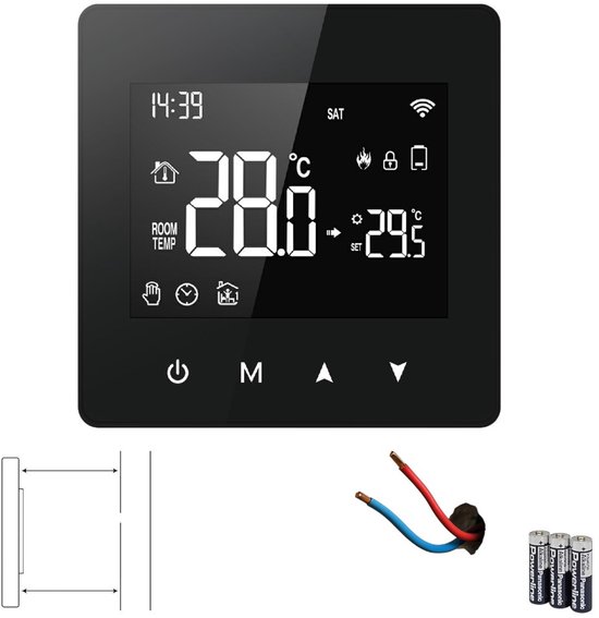 Slimme Wifi Opbouw Thermostaat met tiptoetsen | 3x AAA of USB-C voeding | geschikt voor 2-draads aansluiting | C.V. Installatie | Boiler | Zwart | App