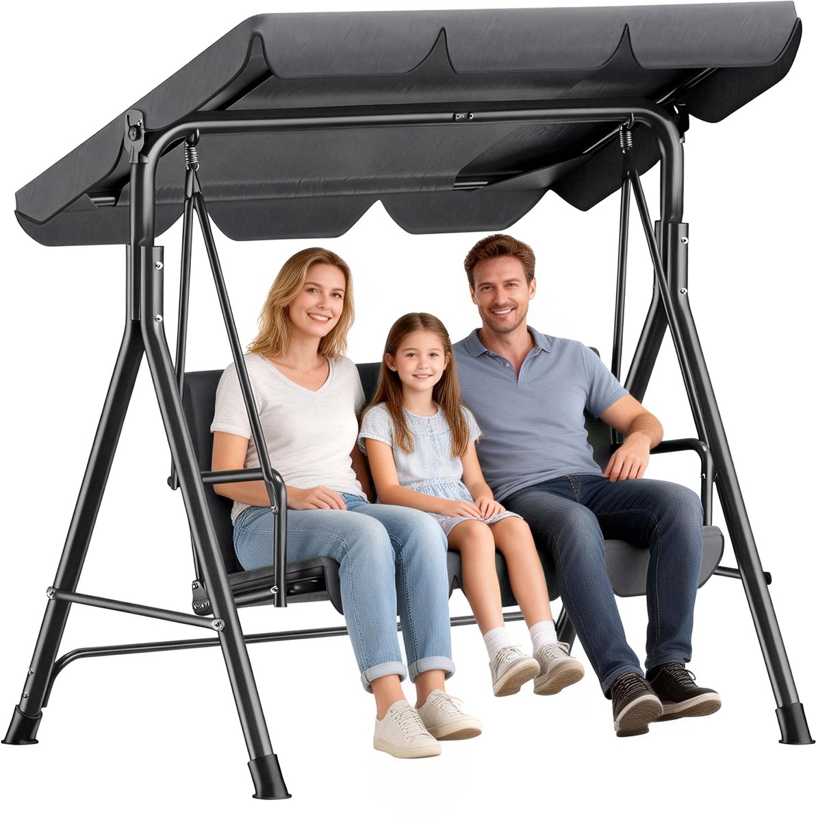 Soontrans - Tuinschommel 3-Zits Met Verstelbaar Zonnedak - Schommelbank Antislip voetsteunen - Hollywoodschommel - Tuinhangmat - Stevig Metalen Frame Voor Tuin Terras - Hangmatbank 175.5x110x152cm - Tuinhangmat Weerbestendig Met Kussen - Antraciet