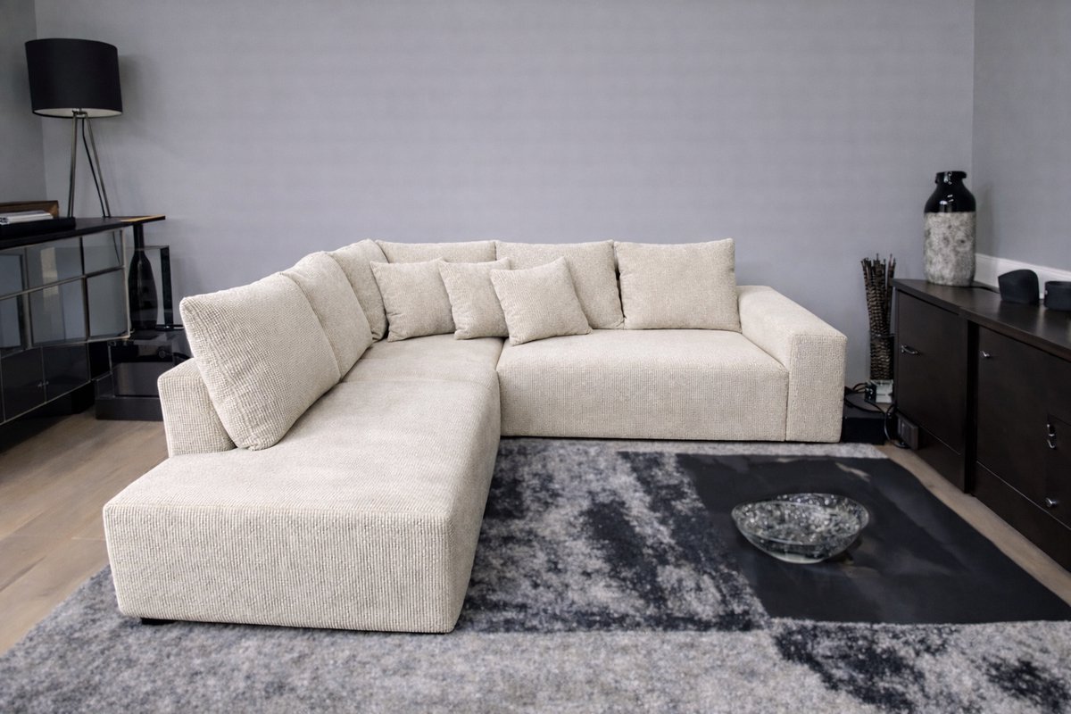 Moderne Hoekbank met Lounge Links – Koningstijl - Cream Ribstof (Corduroy) – Inclusief Kussens – Comfortabele Zit- en Loungebank voor Woonkamer