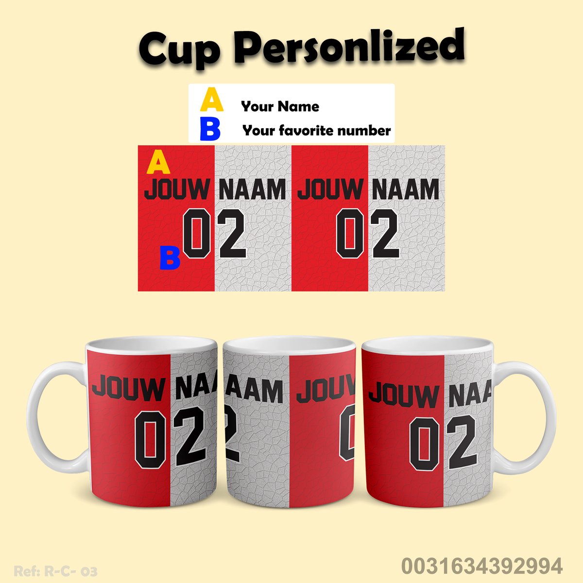 Rotterdam Football Mug - Personalized With Your Name and Number - Football Shirt on Mug - 325 ml - Coffee Mug - Football Gift