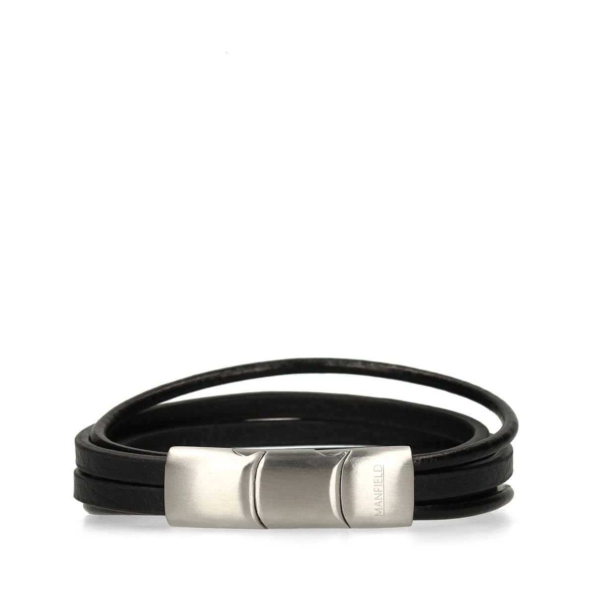 Manfield - Heren - Zwarte leren heren armband - Maat 1