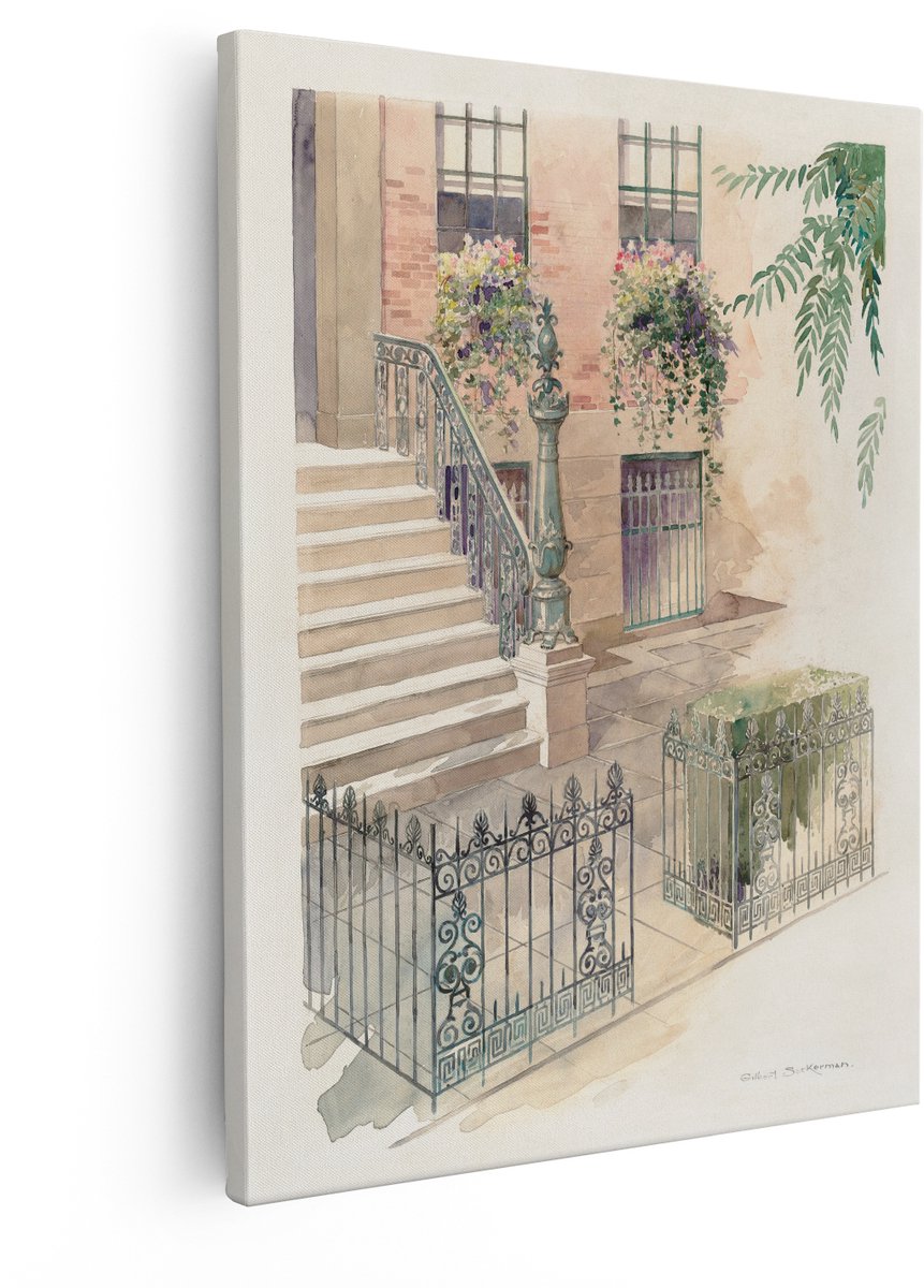 Artaza Canvas Schilderij Vintage Stoep - 40x50 cm - Wanddecoratie Bloemen - Muurdecoratie
