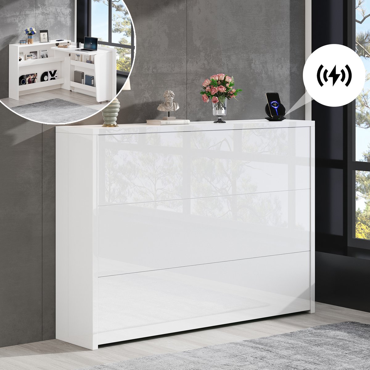 Aafinity Opklapbaar Bureau Met Wielen En Draadloze Oplader – Wit Dressoir – Dressoirkasten – Kastorganizer – 2-in-1 Tafelblad 115×27×93 Cm — cadeau in Cadeau-ideeën - foto 4