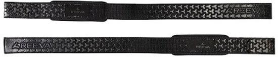 Zwarte lifting straps met honingraatpatroon en logo.