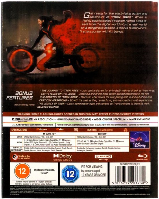 Achterkant van de Tron: Ares Blu-Ray hoes met een man op een motorfiets en productinformatie.