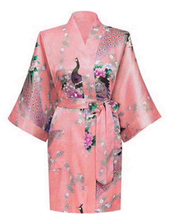 KIMU® Kimono Zalmroze Kort - Maat L-XL - Yukata Satijn Boven de Knie - Korte Roze Ochtendjas Japanse Kamerjas Sexy Satijnen Badjas Geisha Vogels Festival
