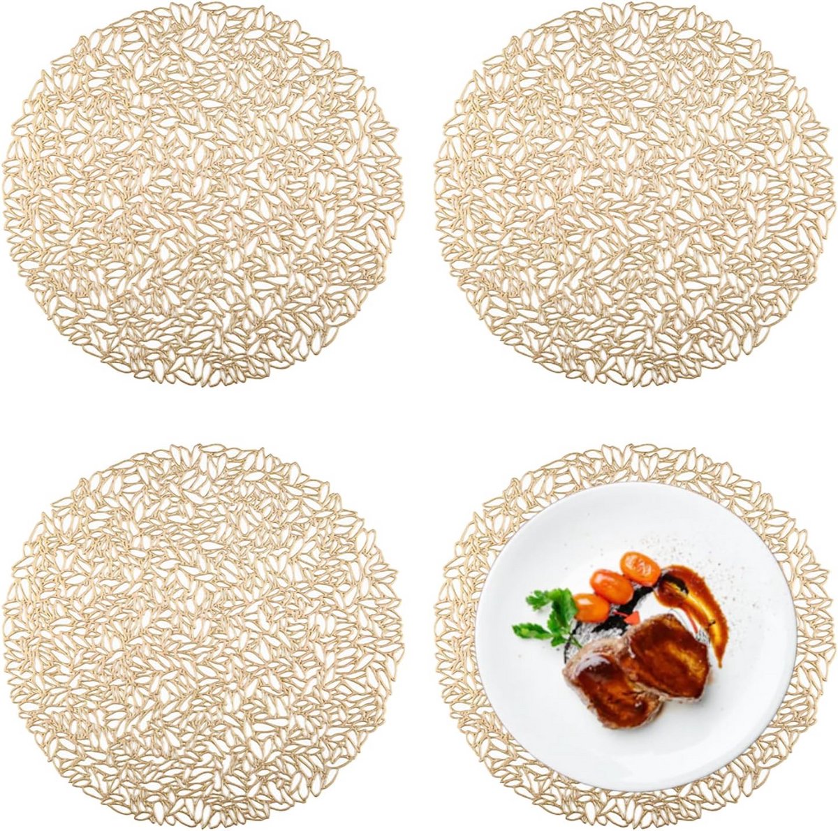 4x Ronde Placemats PVC - Warmte-isolerend & Decoratief Tafelkleed - Goudkleurig