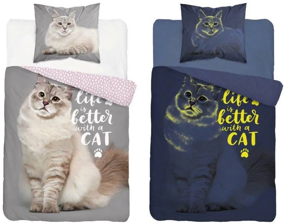 Poes Dekbedovertrek 140x200 Katoen Grote Kussensloop 70x90 GLow In the Dark Kat Dekbedovertrek