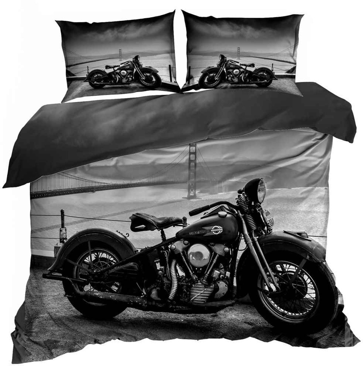 Comfort Premium - 3D Dekbedovertrek - 160x200 cm - Katoen Satijn - Klassieke Motorfiets - Inclusief 2 Kussenslopen 70x80 cm