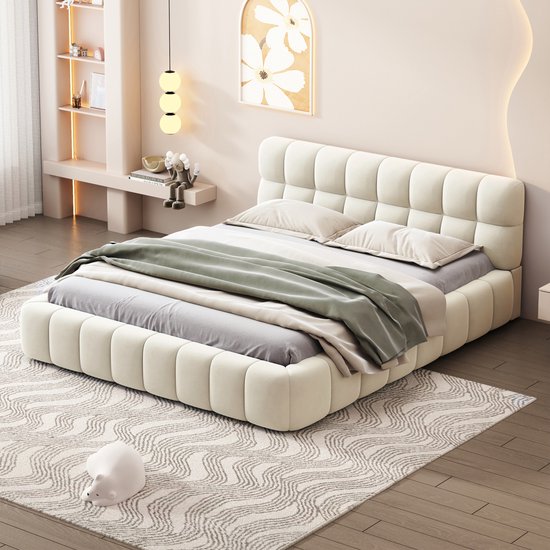 Tweepersoonsbed 140x200 cm, gestoffeerd, bolvormig bed, tienerbed, met gestoffeerd hoofdeinde, matras niet inbegrepen, linnen stof, beige