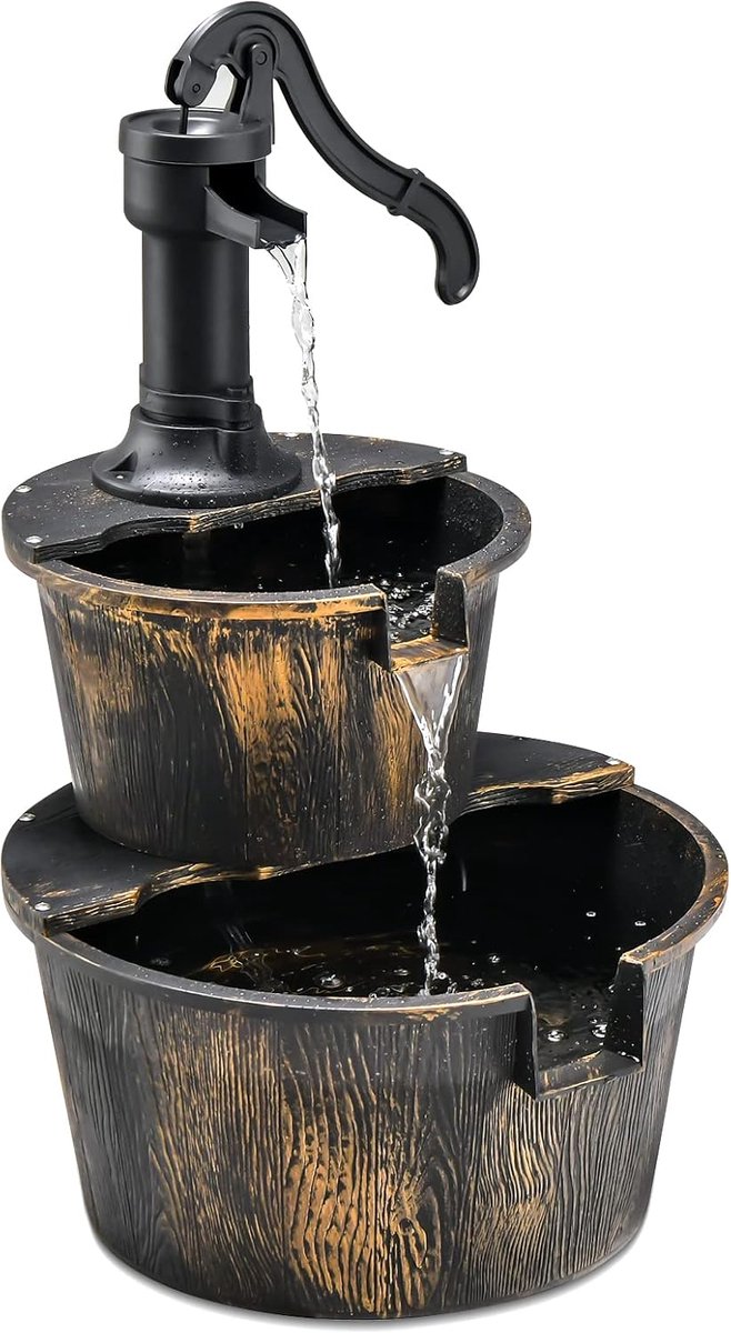 KOMFOTTEU Houten Vatenfontein met krachtige pomp, sparrenhouten fontein, watershow voor buiten voor tuin, terras, gazon, gesloten waterkringloop, 44,5 x 44,5 x 61 cm (l x b x h)
