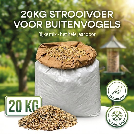 20kg strooivoer voor buitenvogels. Zak met rijke mix, geschikt voor alle seizoenen en energierijk.